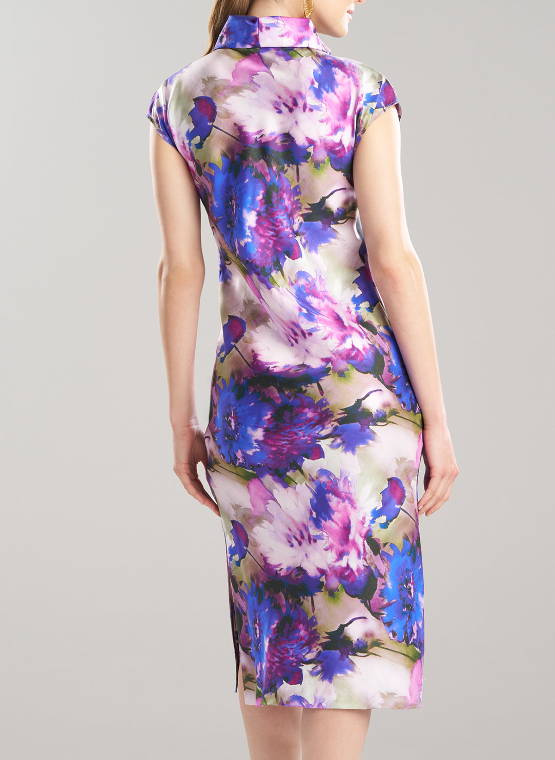 Autumn Floral Silk Twill Purple Drape Neck Cap Sleeve Sheath Dress