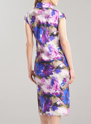 Autumn Floral Silk Twill Purple Drape Neck Cap Sleeve Sheath Dress