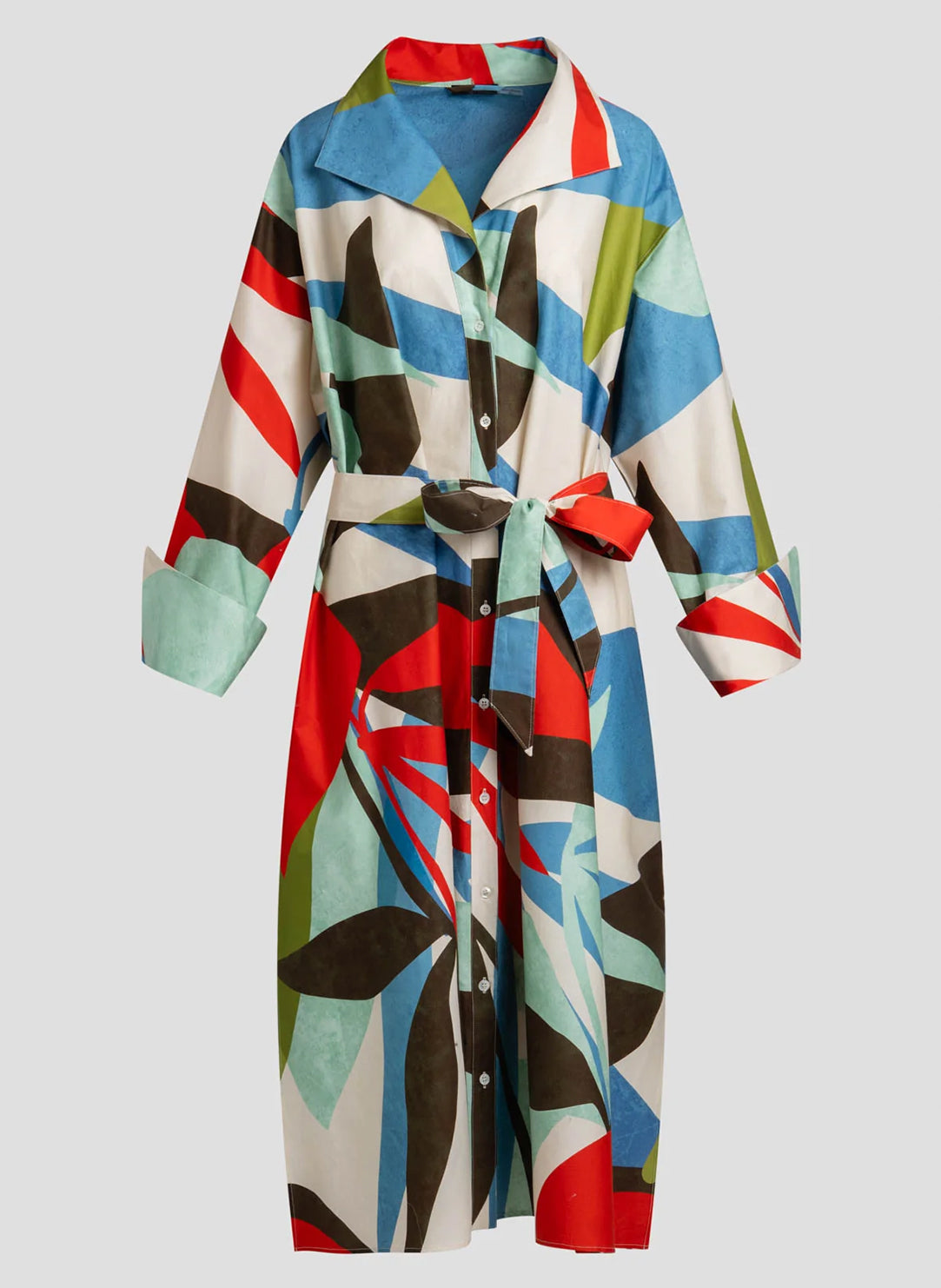 Abstract Palm Cotton Poplin Multi Button Down Shirt Dress