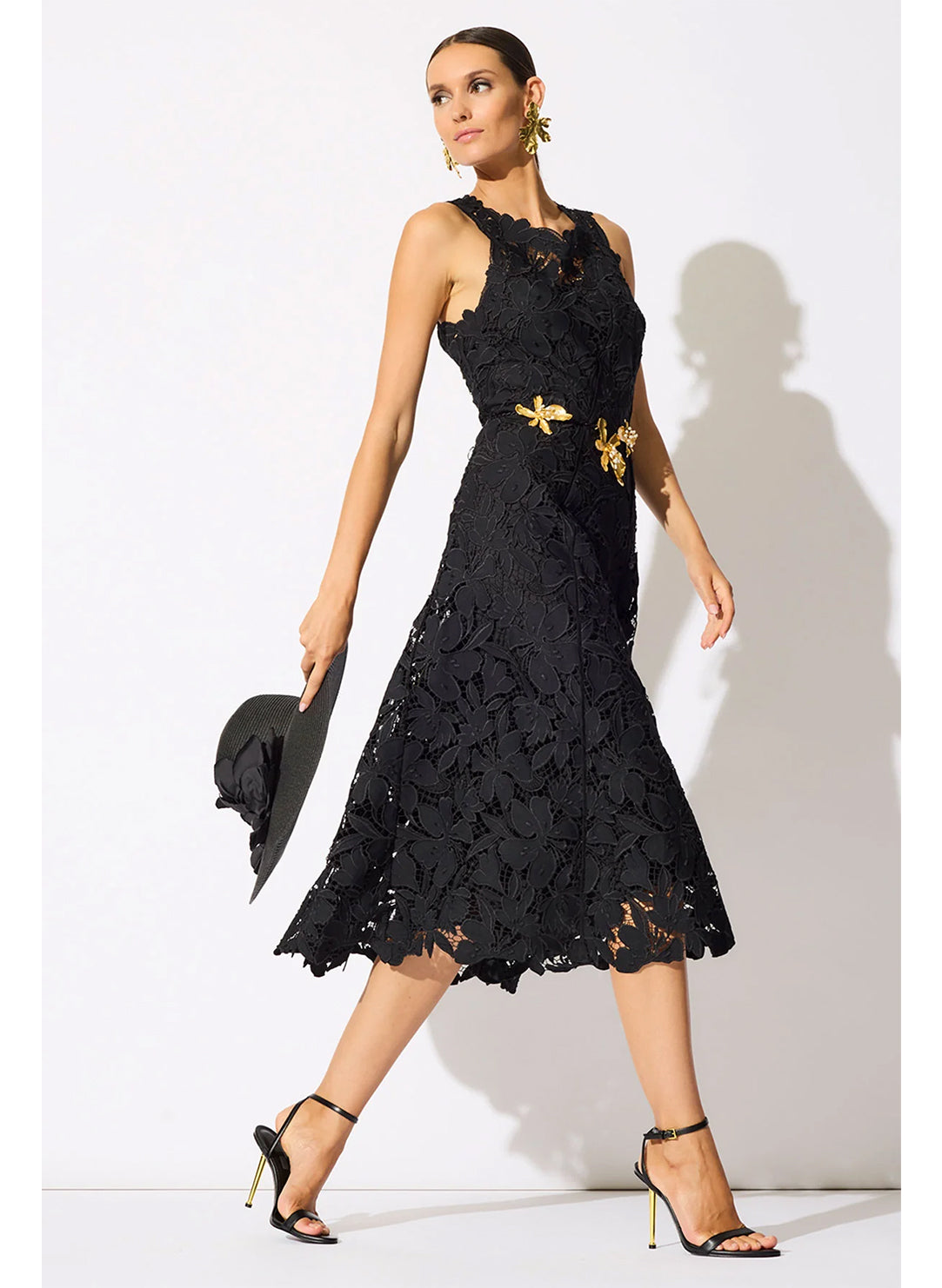 Peony Floral Lace Black Asymmetric Seam Dress