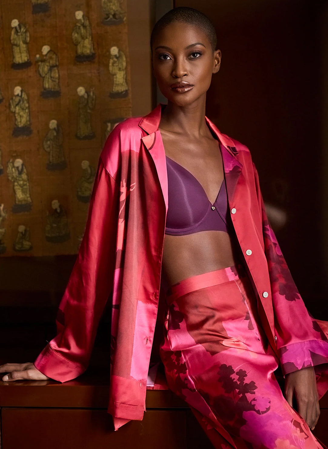 Coromandel Printed Stretch Satin Magenta Notch PJ Set