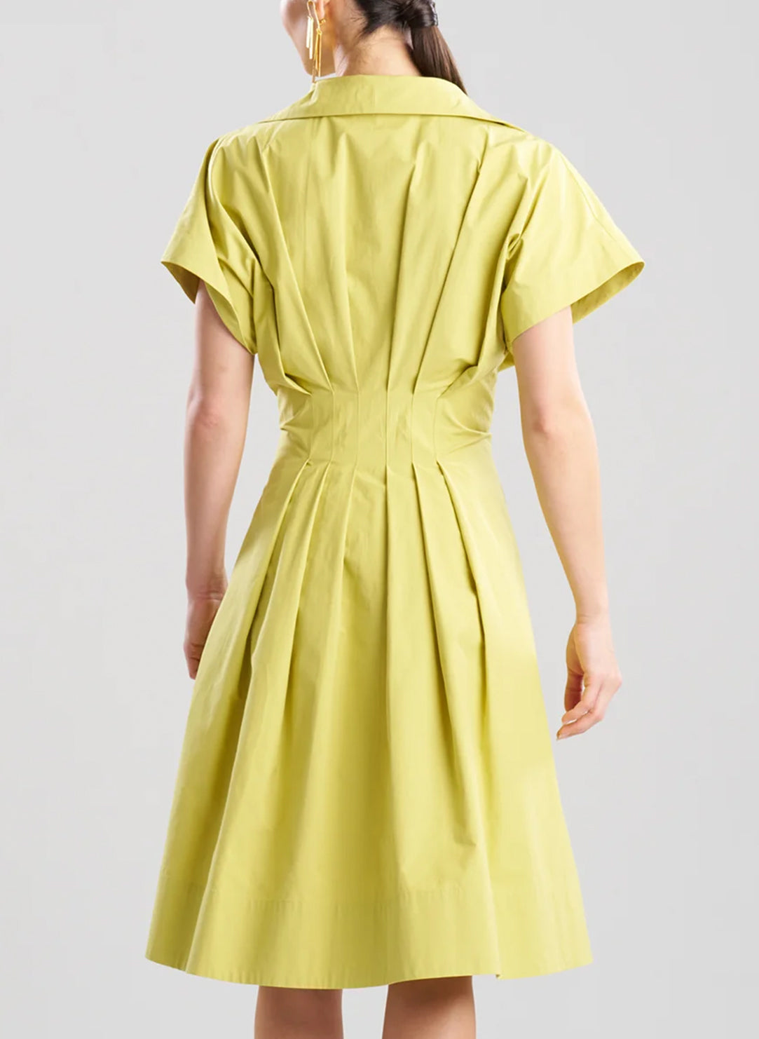 Solid Tech Cotton Taffeta Chartreuse Pleat Release Button Down Shirt Dress