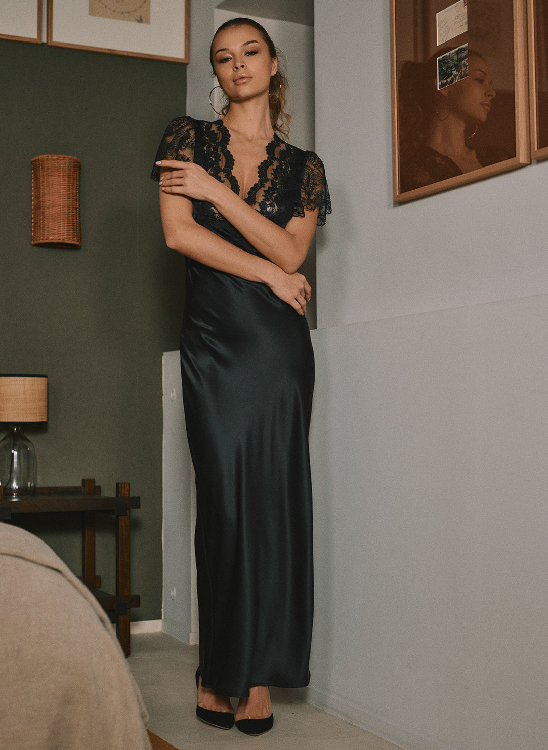 Daniella Satin Noir Cap Sleeve Gown