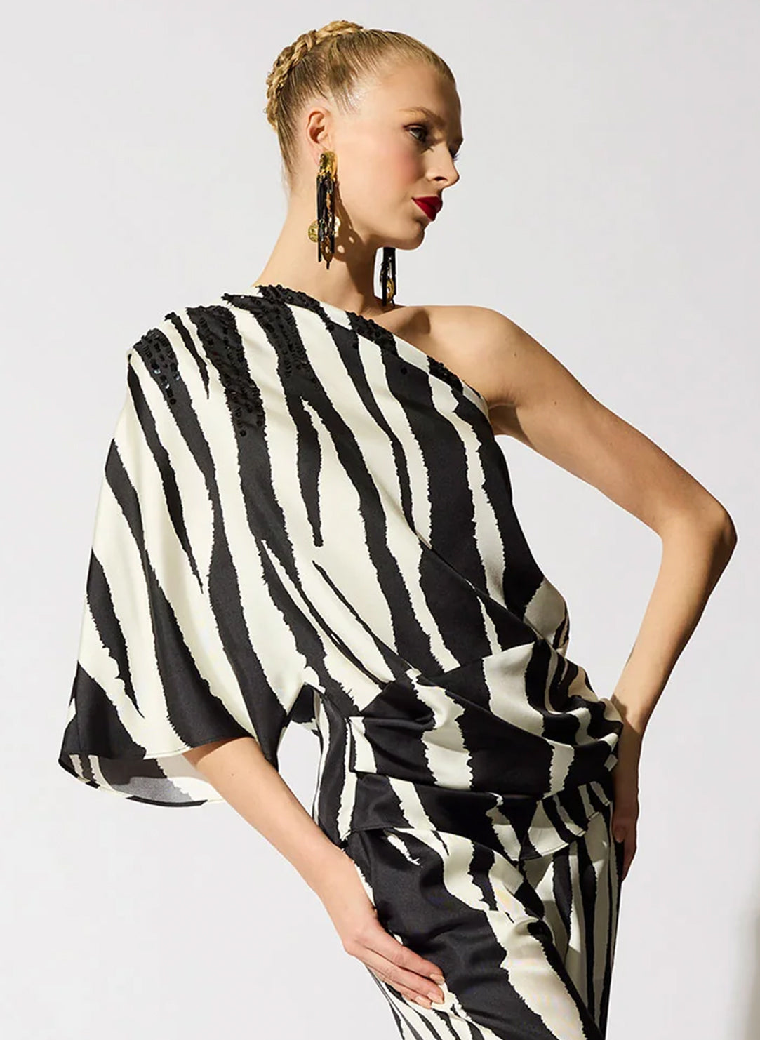 Zebra Silk Twill Black/White One Shoulder Top
