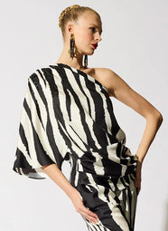 Zebra Silk Twill Black/White One Shoulder Top
