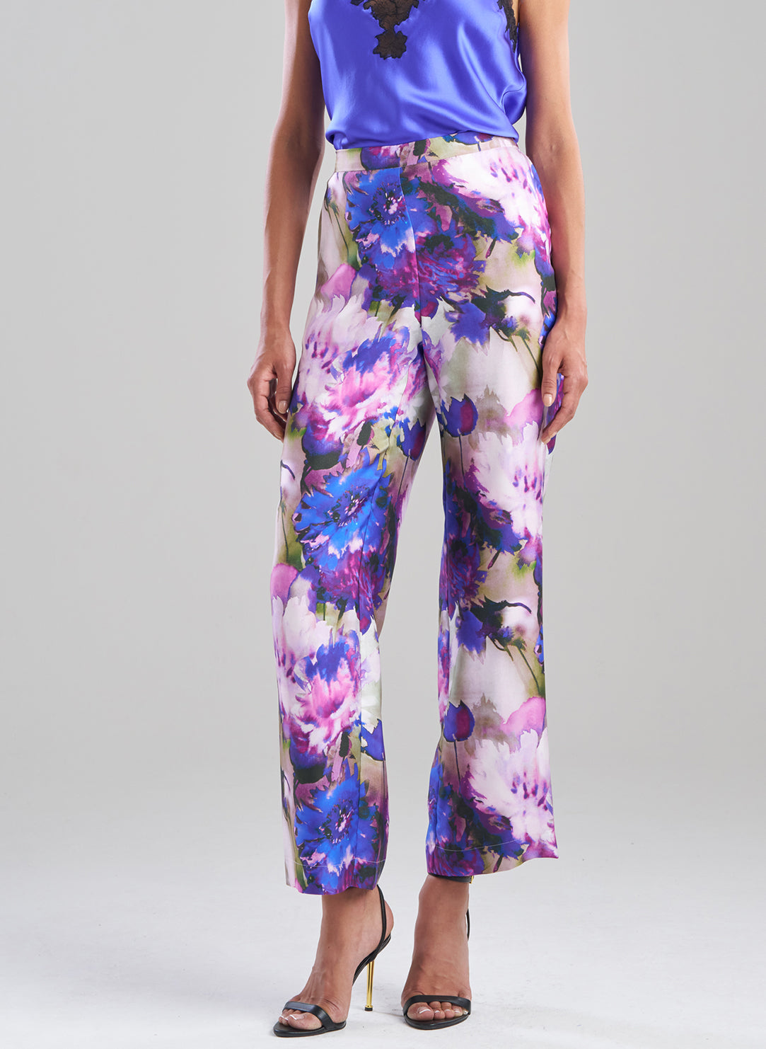 Autumn Floral Silk Twill Purple Pull on Straight Leg Pant