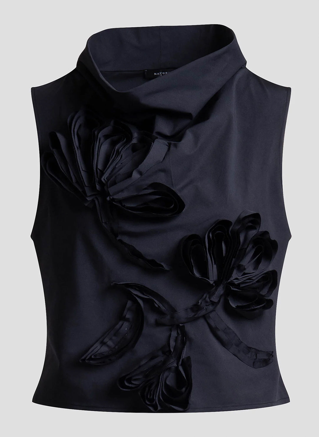 Solid Tech Cotton Taffeta Black Embroidered Funnel Neck Top