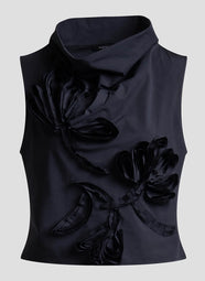Solid Tech Cotton Taffeta Black Embroidered Funnel Neck Top