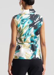 Mira Silk Twill Midnight Teal Belted Funnel Neck Top