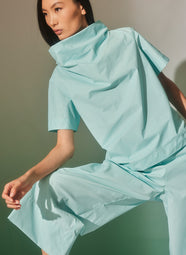 Techno Poplin Light Blue Short Sleeve Funnel Neck Top