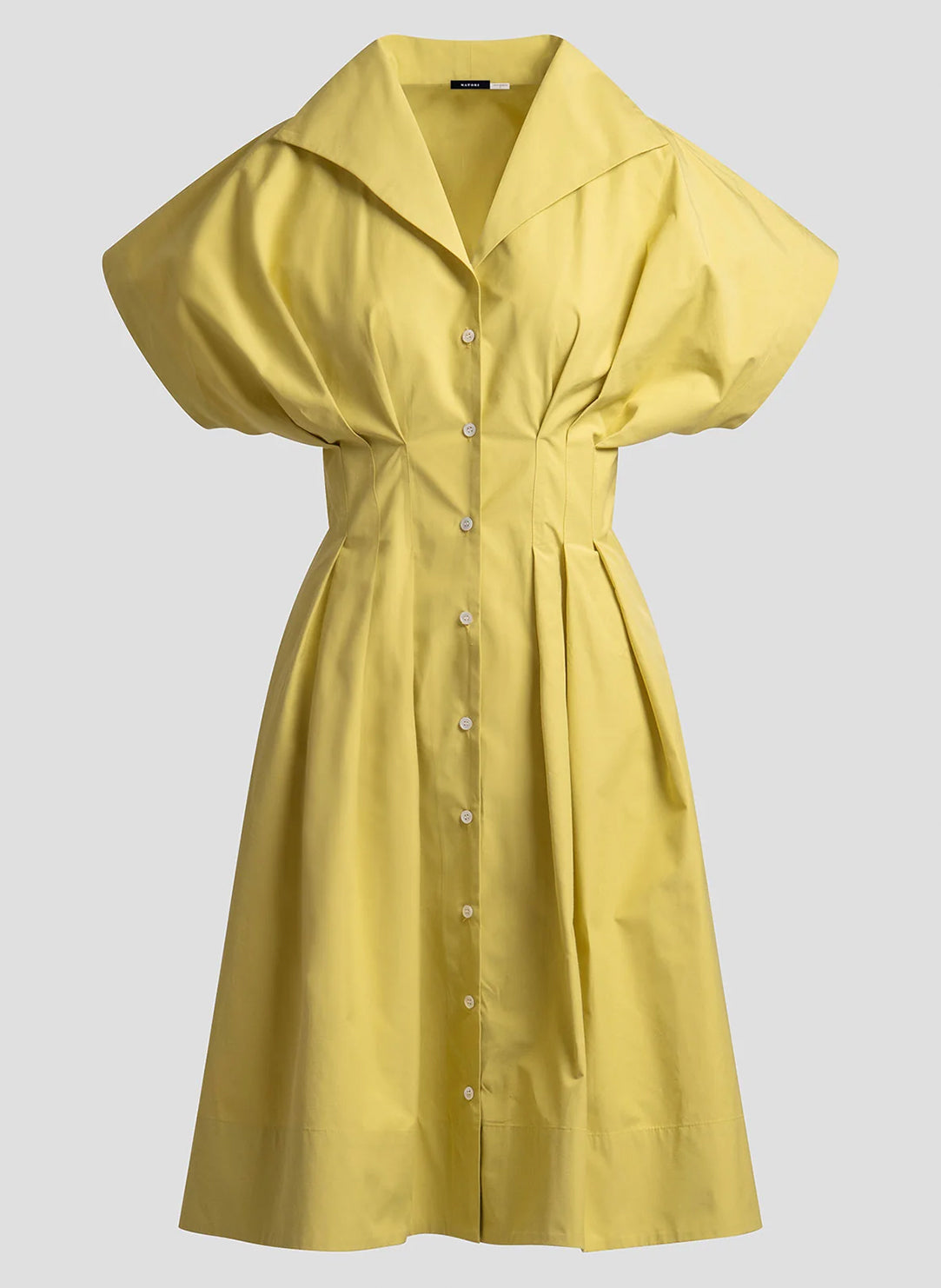 Solid Tech Cotton Taffeta Chartreuse Pleat Release Button Down Shirt Dress