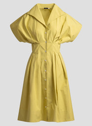 Solid Tech Cotton Taffeta Chartreuse Pleat Release Button Down Shirt Dress