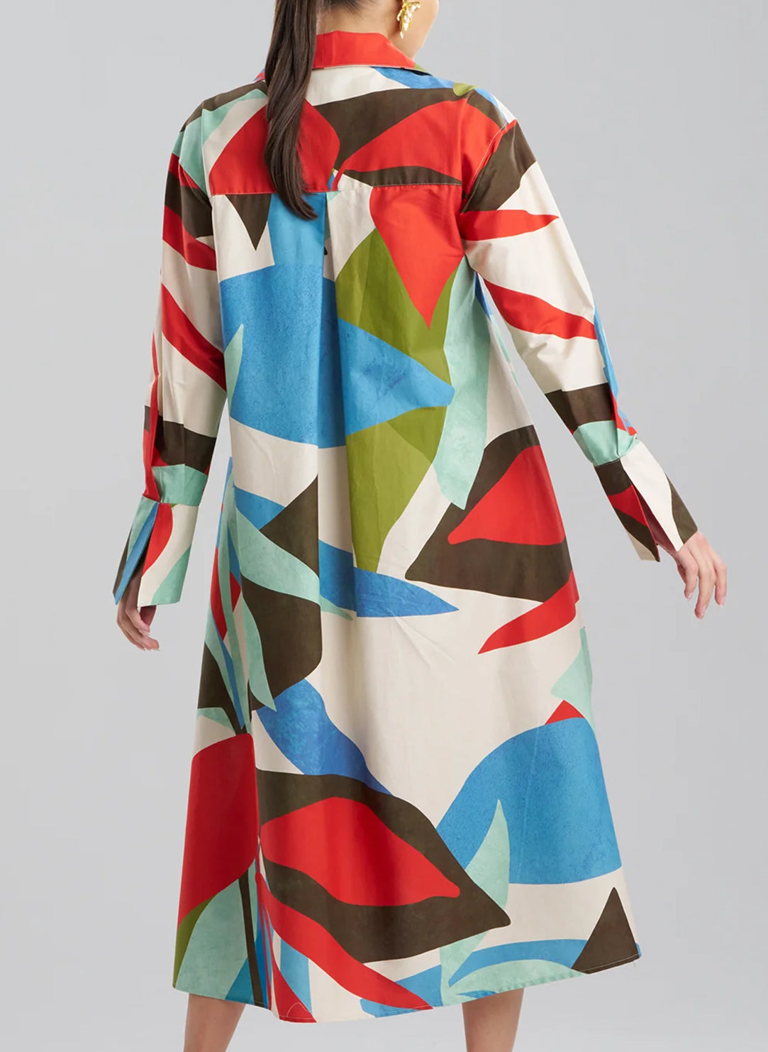 Abstract Palm Cotton Poplin Multi Button Down Shirt Dress