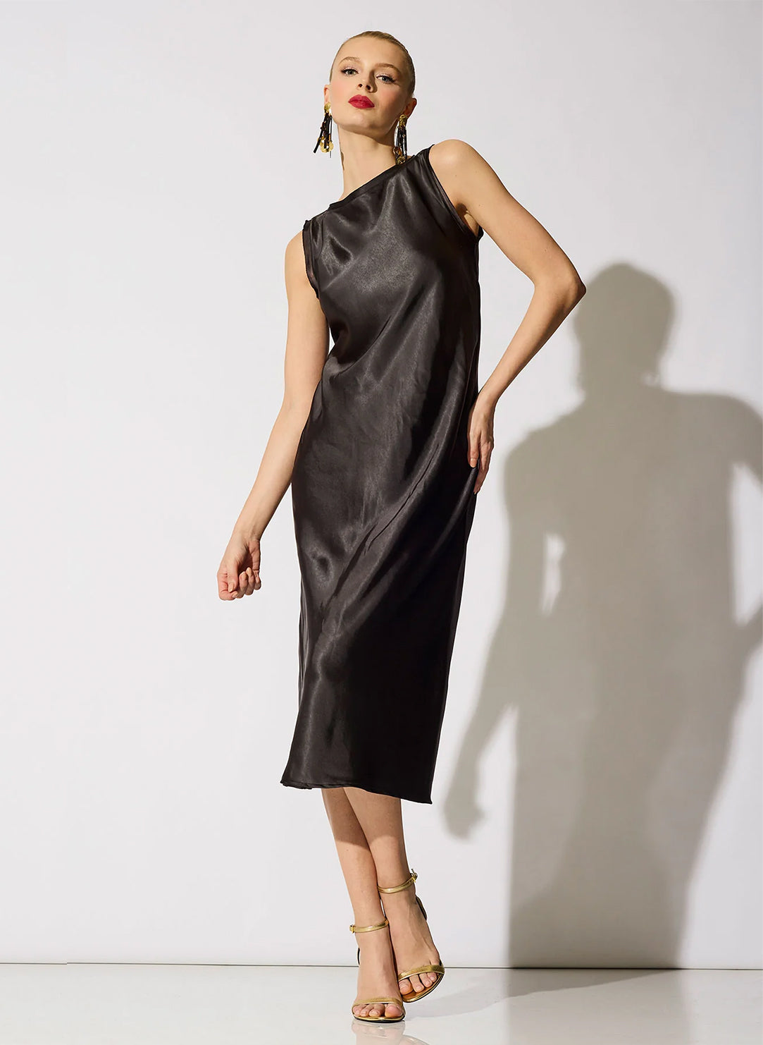 Luxe Satin Black Raw Edge Tank Column Dress
