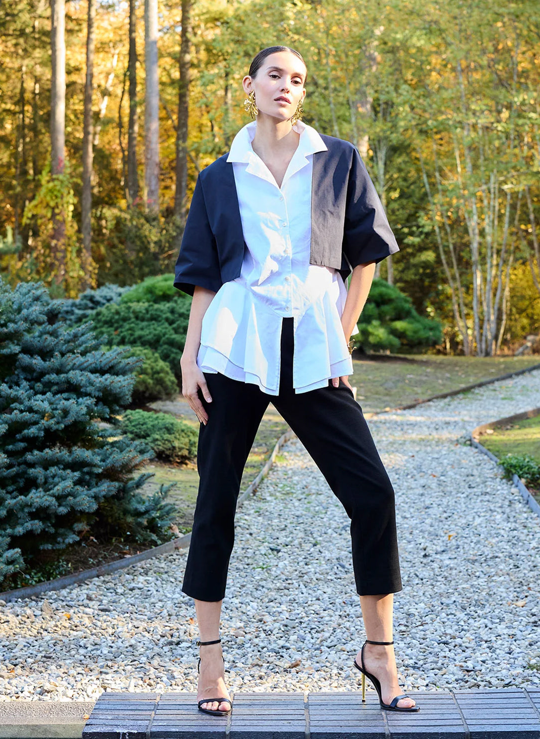 Solid Techno Poplin White Tiered Hem Short Sleeve Shirt