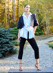 Solid Techno Poplin White Tiered Hem Short Sleeve Shirt