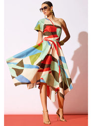 Abstract Palm Cotton Poplin Multi One Shoulder Dress