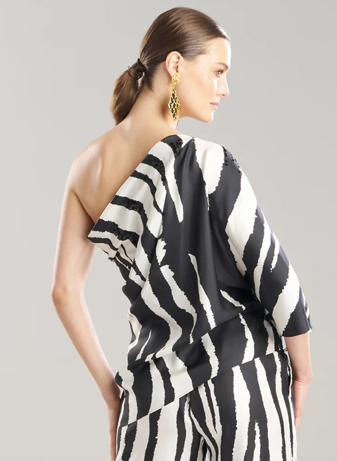 Zebra Silk Twill Black/White One Shoulder Top