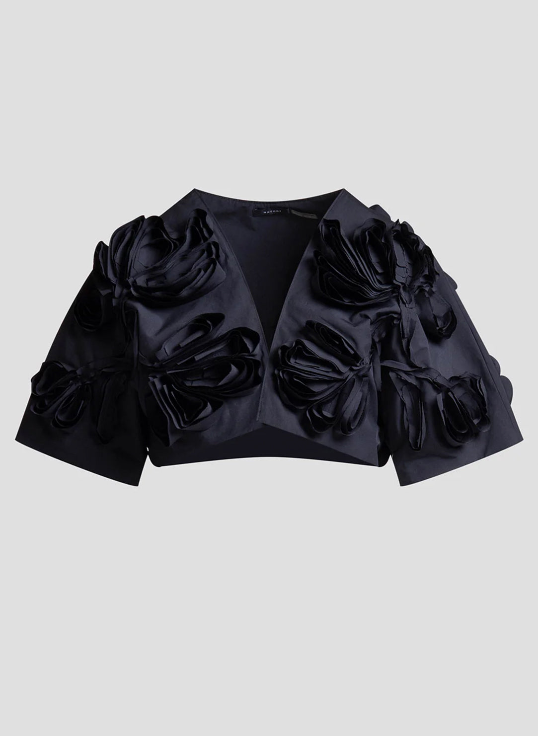 Solid Tech Cotton Taffeta Black 3D Embroidered Bolero