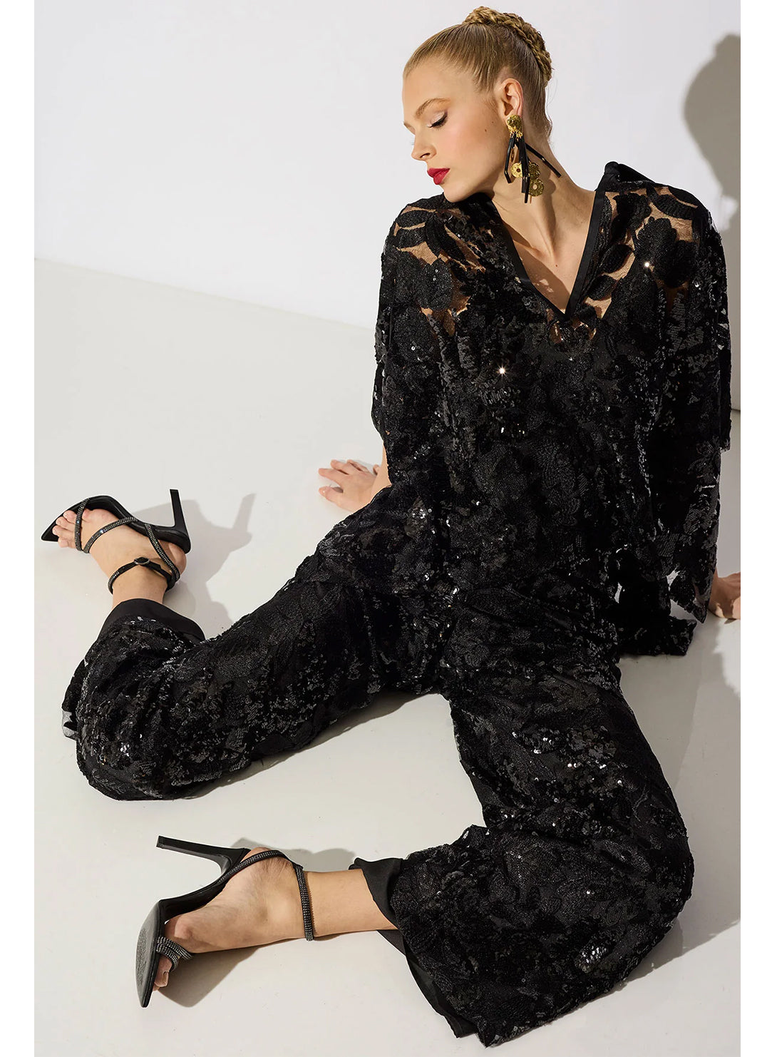 Floral Sequin Lace Black Side Zip Wide Leg Pant