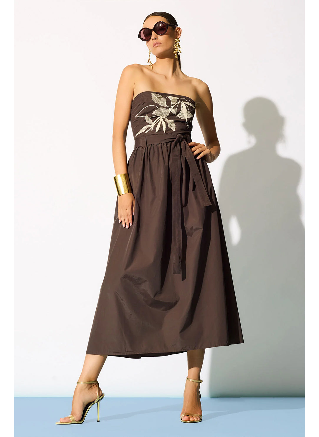 Solid Techno Poplin Dark Brown Strapless Belted Dress with Embroidery