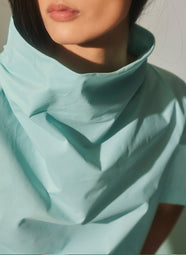 Techno Poplin Light Blue Short Sleeve Funnel Neck Top
