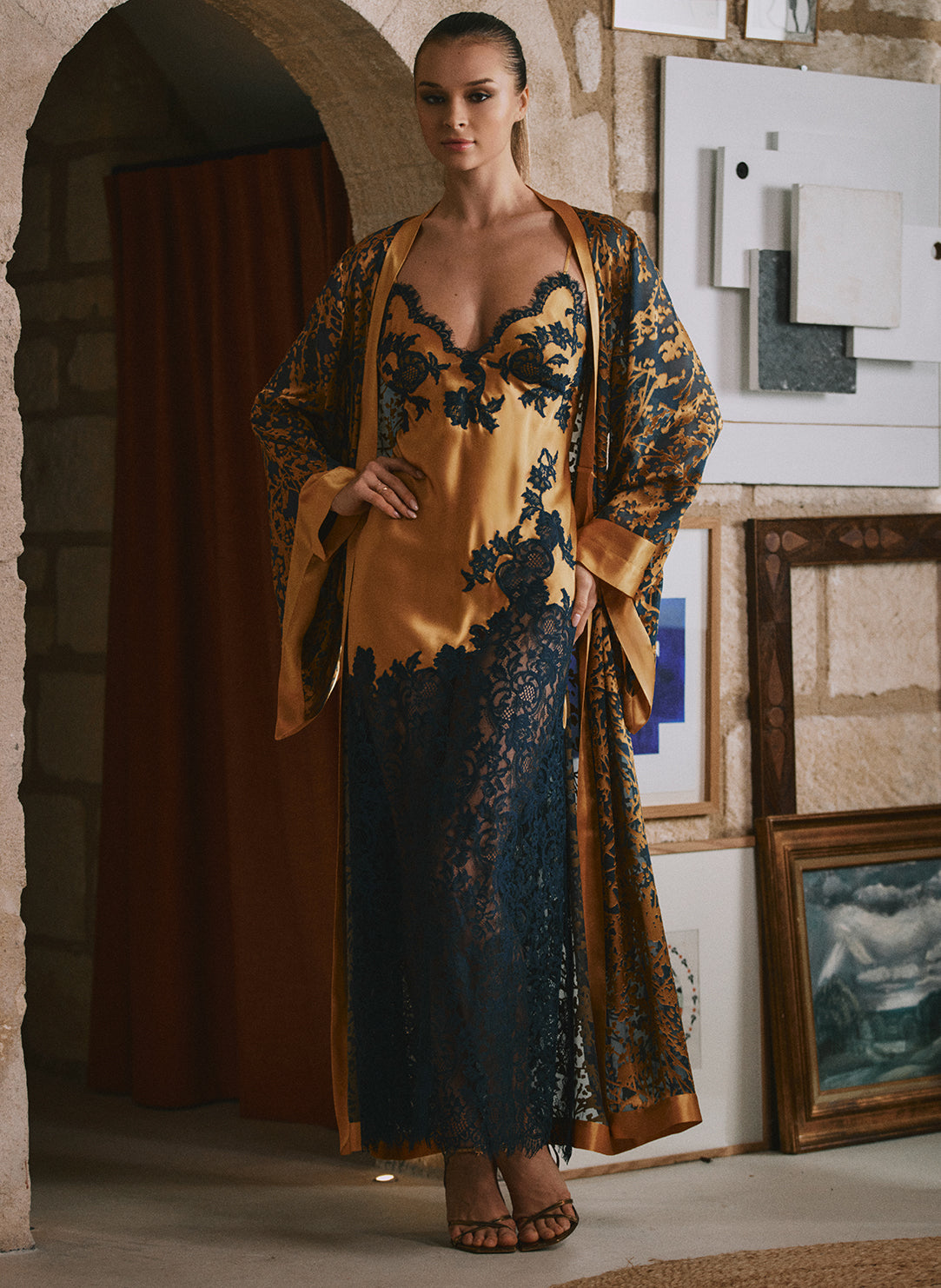 Dahlia Mousseline Dore Print Burnout Long Robe
