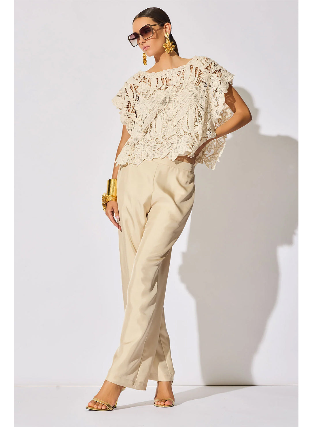 Solid Silk Twill Bone Pull On Straight Leg Pant
