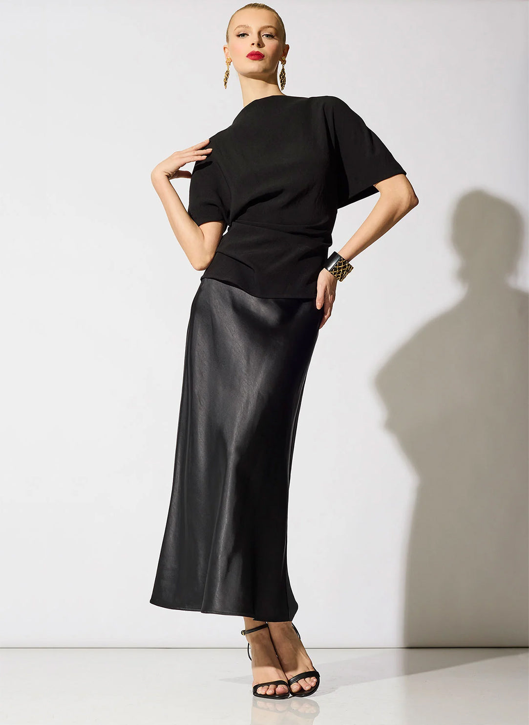 Luxe Satin Black Pull on Midi Skirt