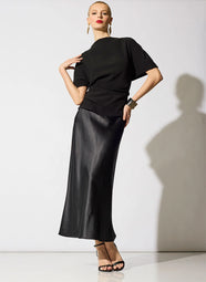 Luxe Satin Black Pull on Midi Skirt
