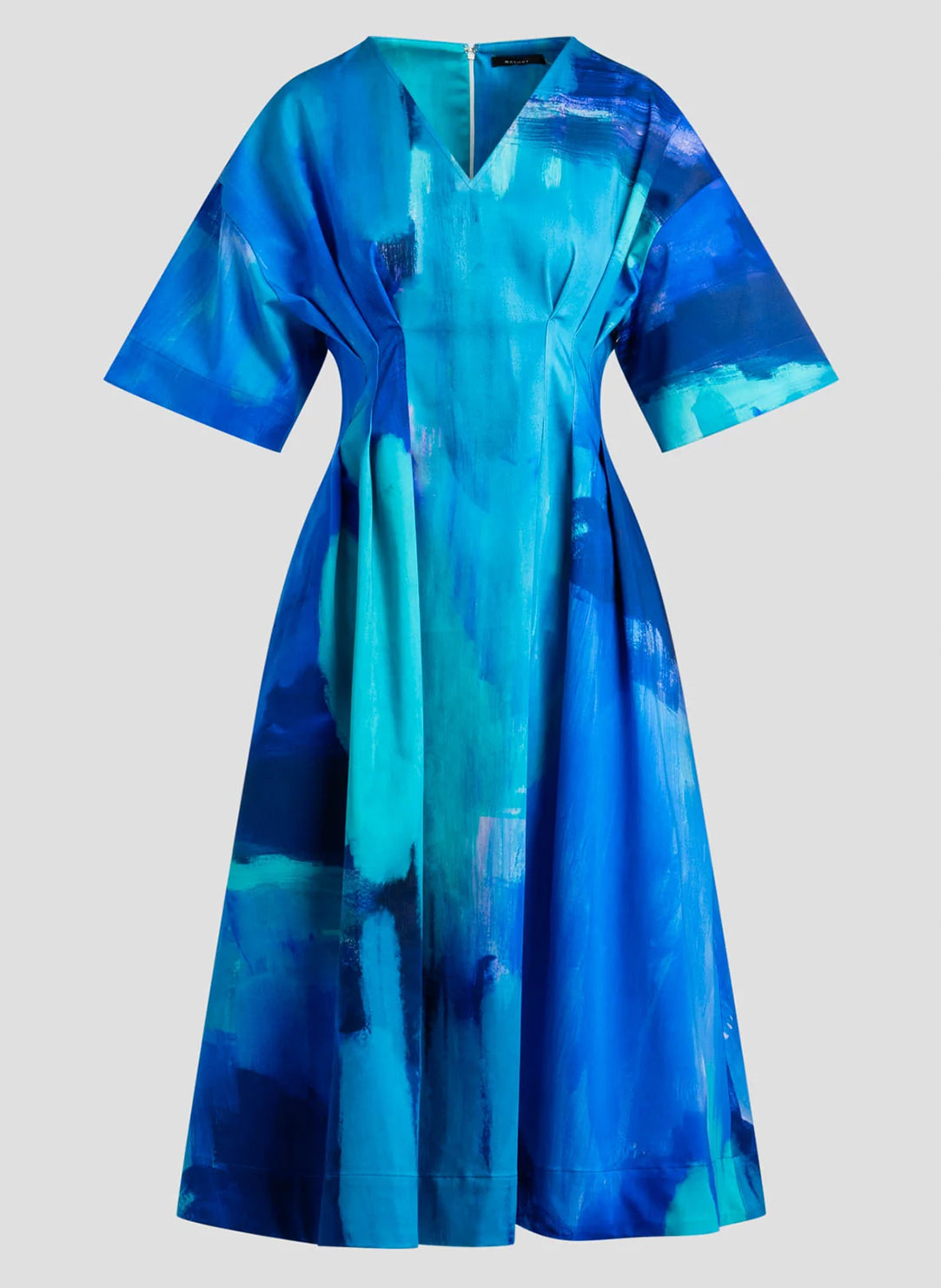 Brushstroke Blue Cotton Chino V-Neck Pleat Dress