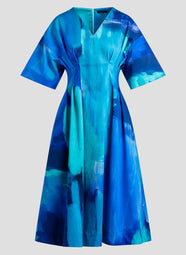 Brushstroke Blue Cotton Chino V-Neck Pleat Dress