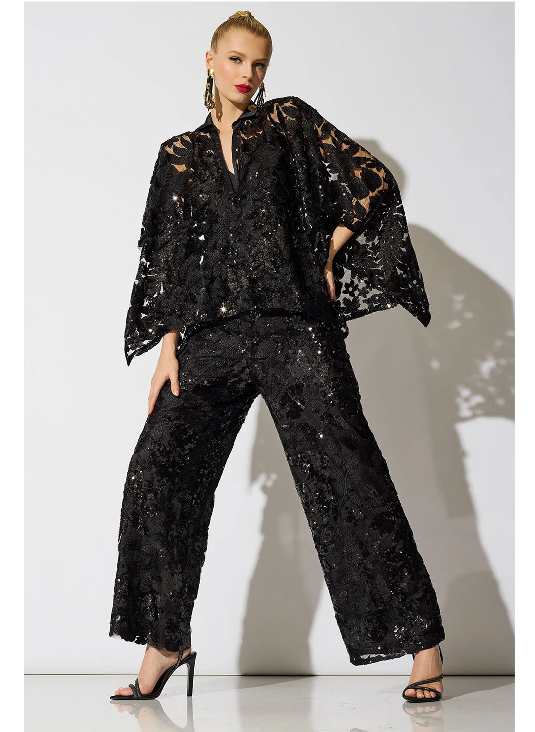 Floral Sequin Lace Black Side Zip Wide Leg Pant