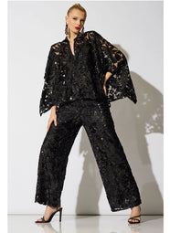 Floral Sequin Lace Black Side Zip Wide Leg Pant