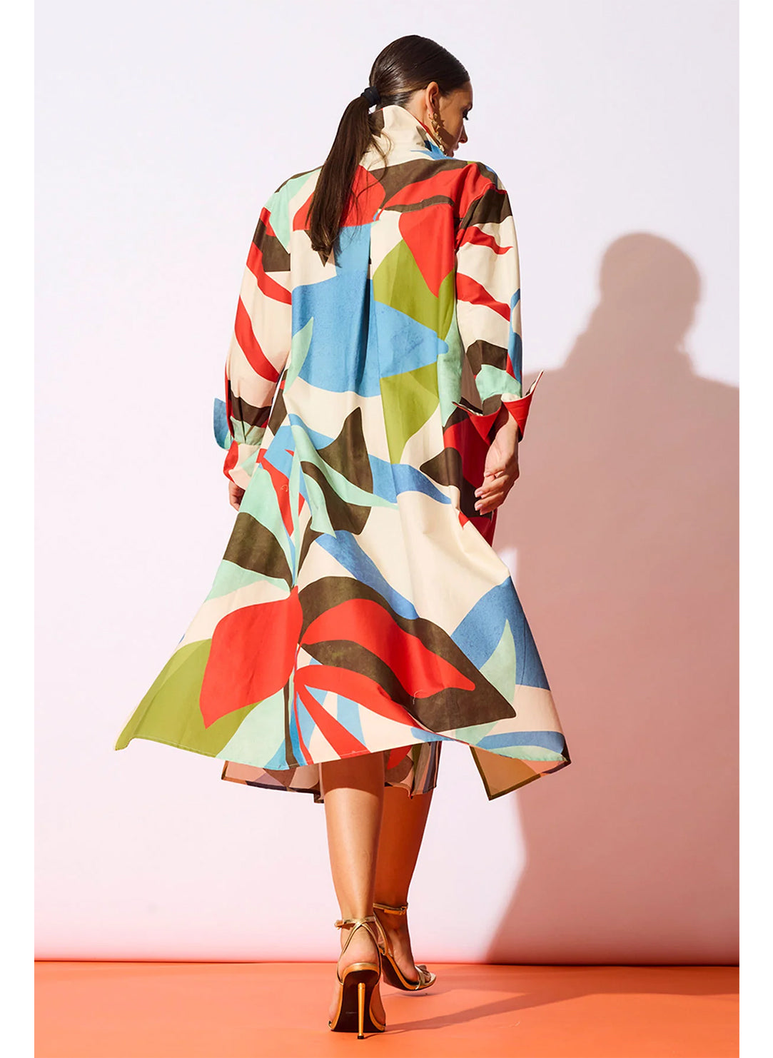 Abstract Palm Cotton Poplin Multi Button Down Shirt Dress