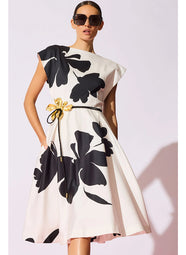 Peony Cotton Chino White/Black Fit and Flare Dress