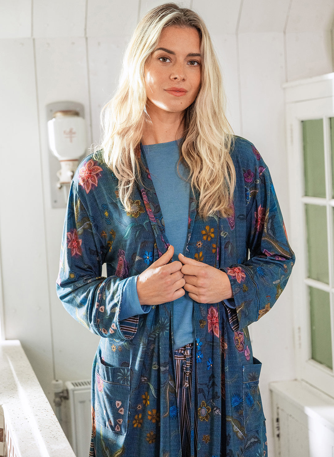 Coco Flower Blue Nisha Kimono Short Robe