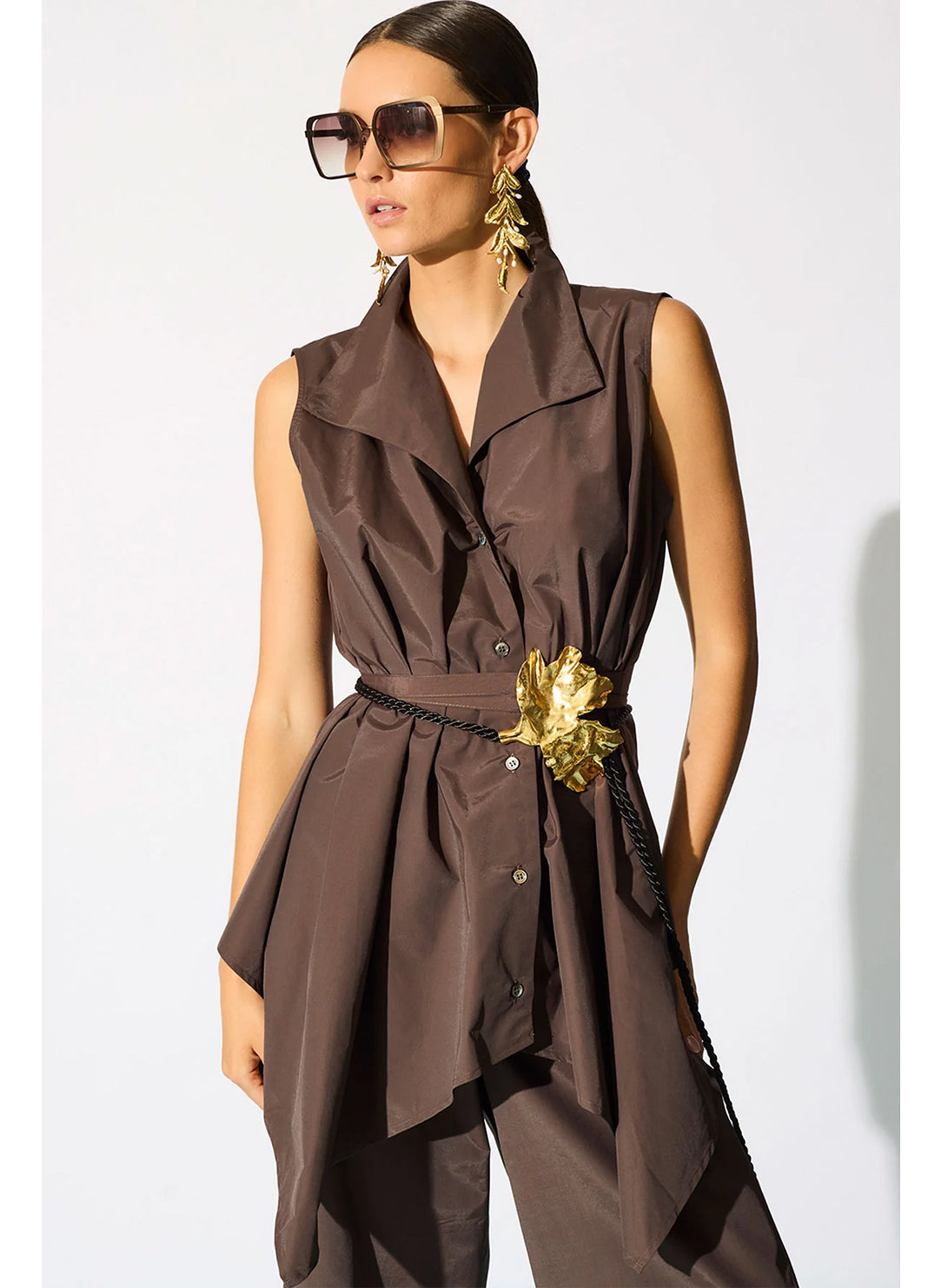 Solid Techno Poplin Dark Brown Sleeveless Handkerchief Hem Shirt