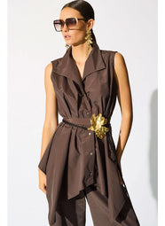 Solid Techno Poplin Dark Brown Sleeveless Handkerchief Hem Shirt