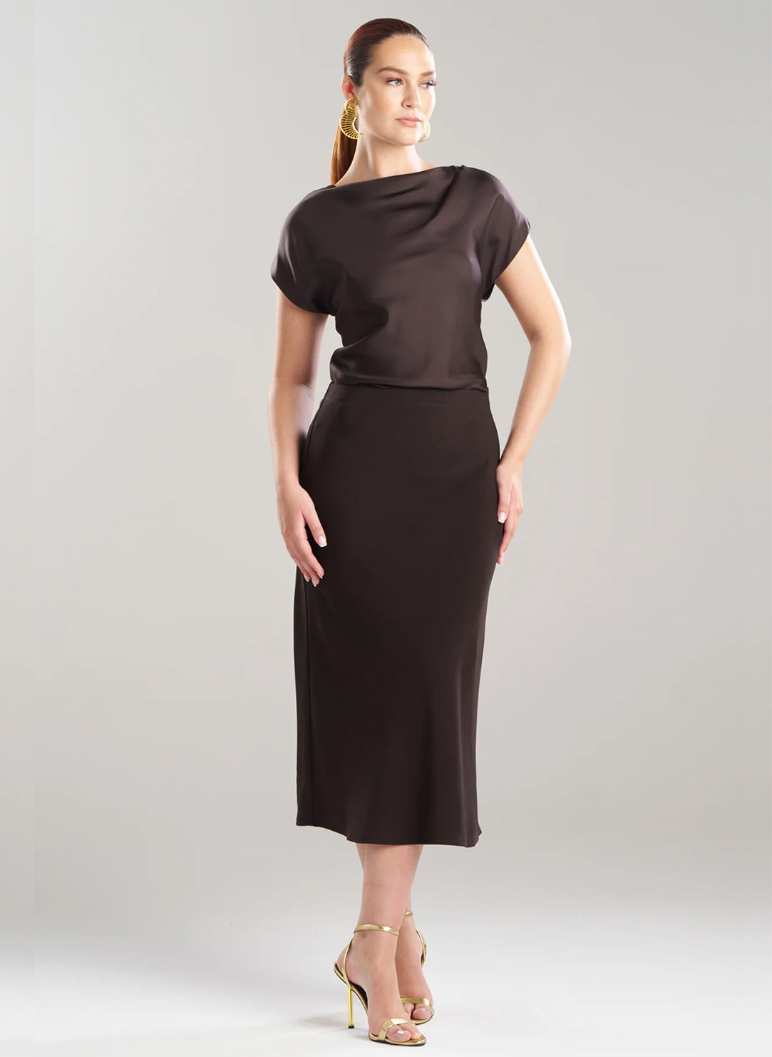 Stretch Crepe Dark Chestnut Pull on Midi Skirt