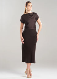 Stretch Crepe Dark Chestnut Pull on Midi Skirt