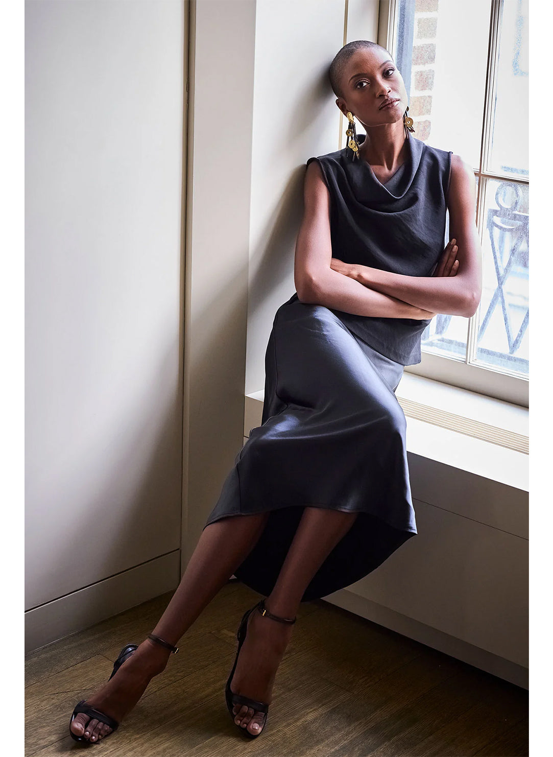 Luxe Satin Black Pull on Midi Skirt