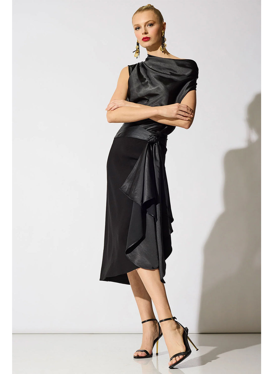 Stretch Crepe Black Pull on Midi Skirt
