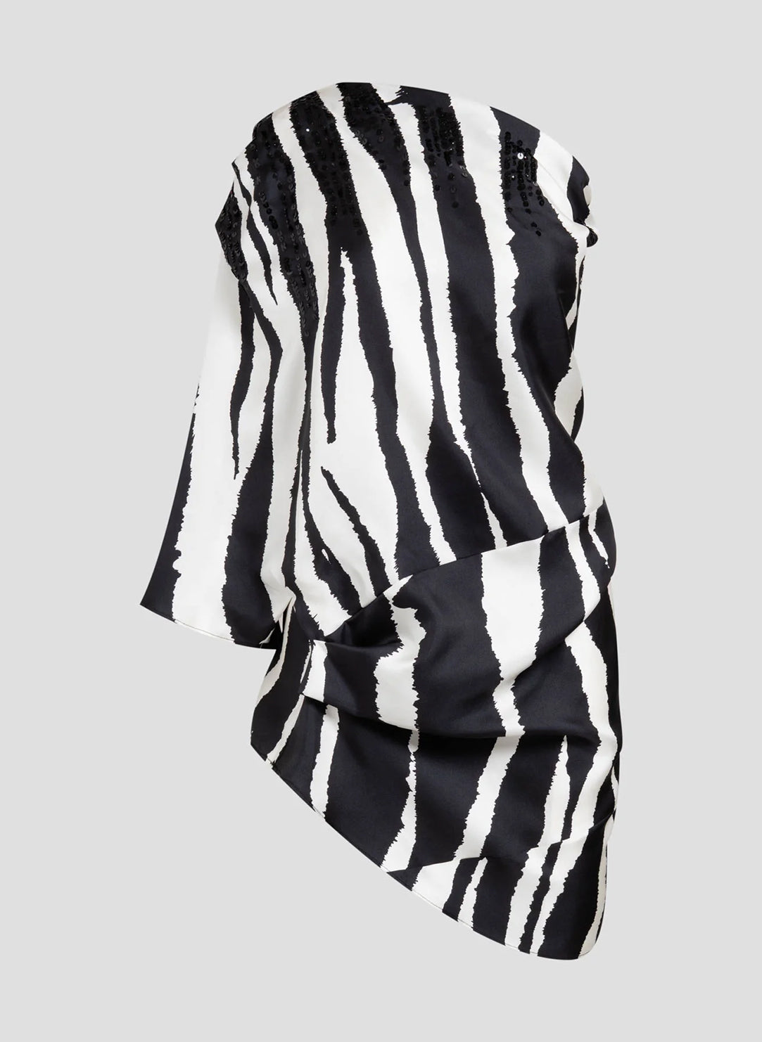 Zebra Silk Twill Black/White One Shoulder Top