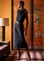 Stretch Crepe Black Pull on Midi Skirt