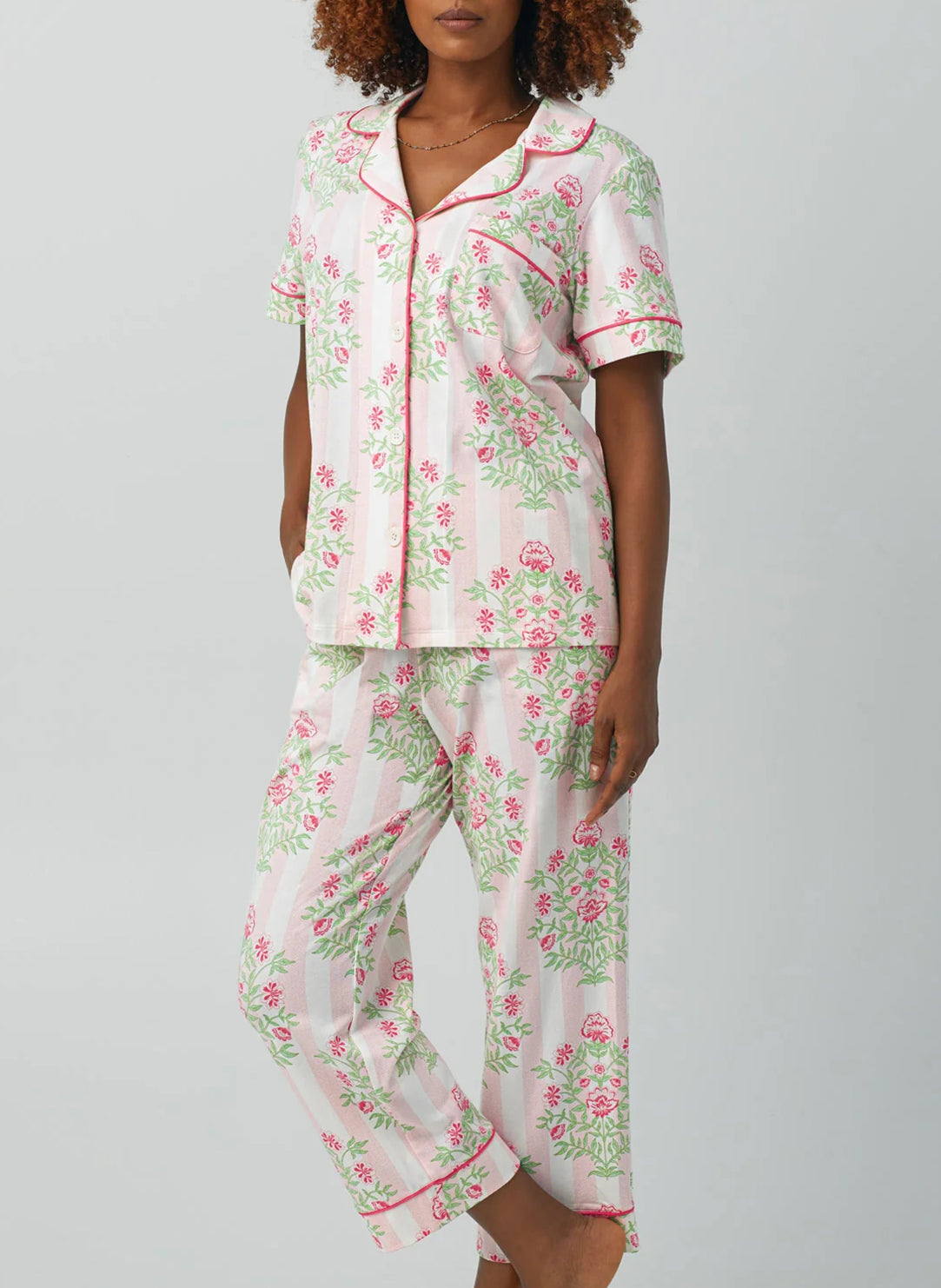 Estate Bouquet Pink Print Short Sleeved Cropped Pajama Set