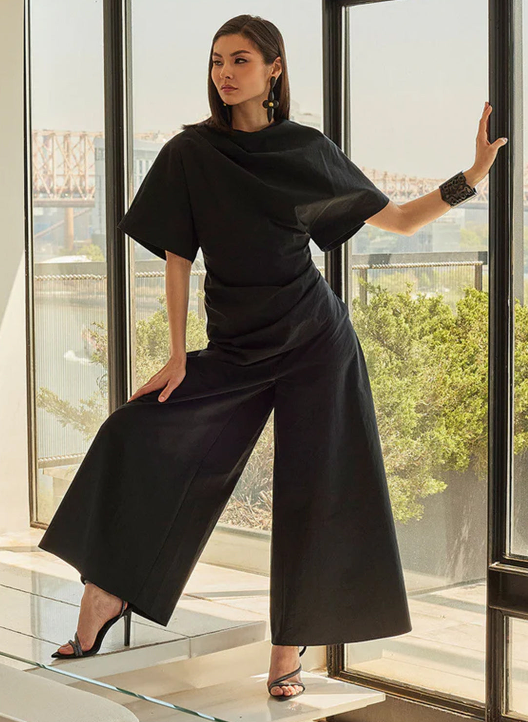 Taffeta Black Pull On Palazzo Pants
