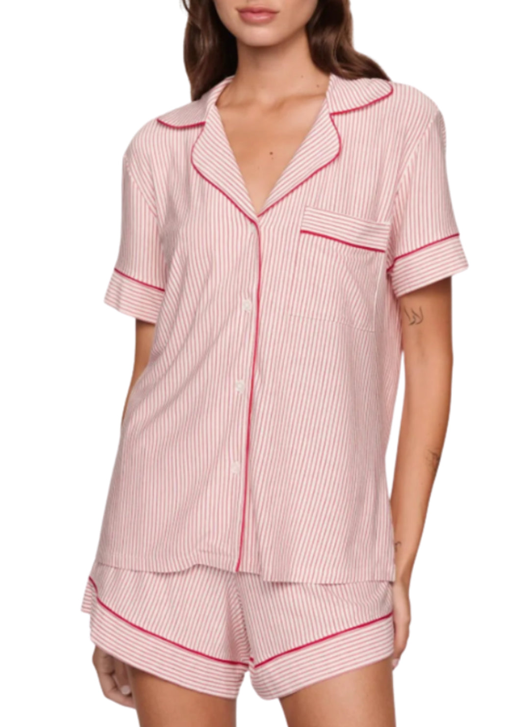 Gisele Printed Duo Stripe Holly Red Relaxed Short PJ Set