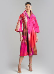 Brushstroke Magenta Cotton Taffeta Bell Sleeve Dress