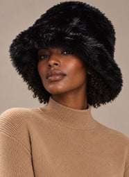 Faux Fur Black Solid Bucket Hat